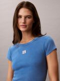 Μπλε Στενό Ριμπ T-shirt Από Βαμβάκι Με Επεξεργασία Washed  Γυναίκα