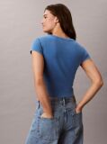Μπλε Στενό Ριμπ T-shirt Από Βαμβάκι Με Επεξεργασία Washed  Γυναίκα
