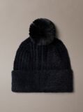 Black Monogram Embroidery Fluffy Pom Pom Beanie  Women