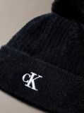 Black Monogram Embroidery Fluffy Pom Pom Beanie  Women
