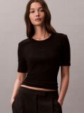 Μαύρο Ριμπ T-Shirt Με Half Μανίκι  Γυναίκα
