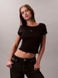 Black Slim Ribbed Cotton Badge T-shirt  Women