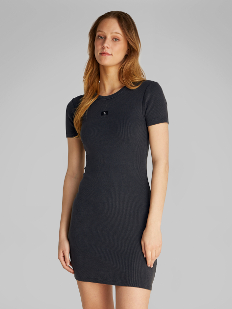 Black Washed Woven Label Rib Dress  Women