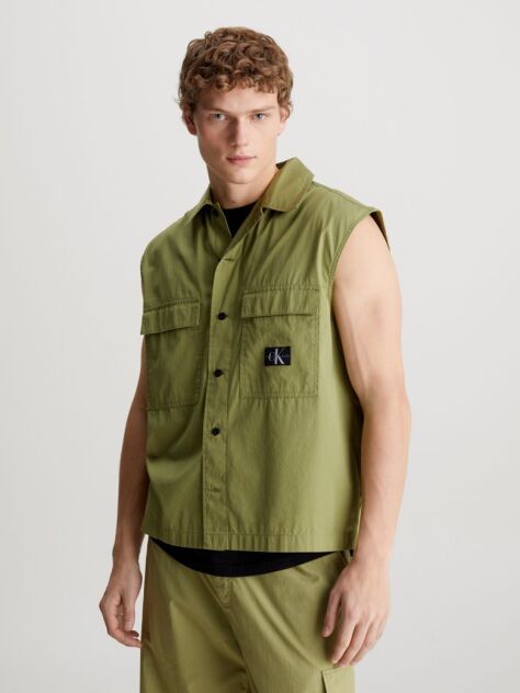 Green Cotton Poplin Sleeveless Shirt  Men