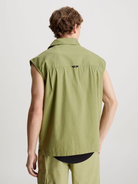 Green Cotton Poplin Sleeveless Shirt  Men