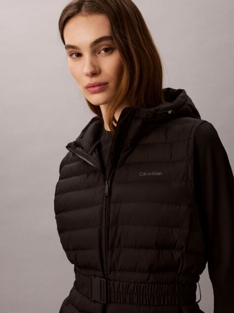Black Ultra-Lightweight Belted Puffer Vest  Women
