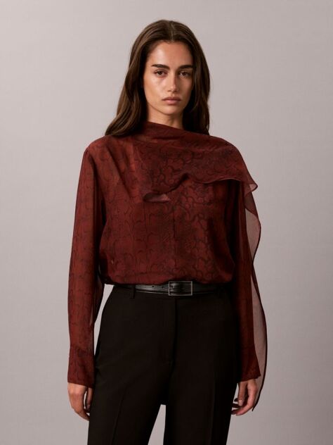 Red Chiffon Print Scarf Long Sleeve Top  Women