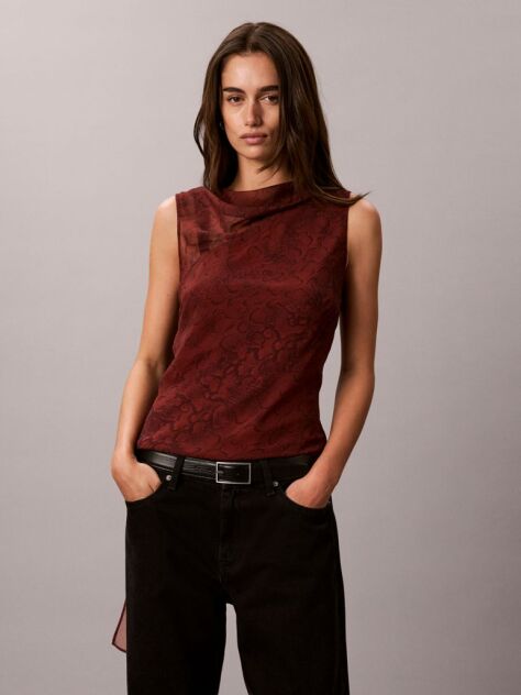 Red Chiffon Print Scarf Sleeveless Top  Women