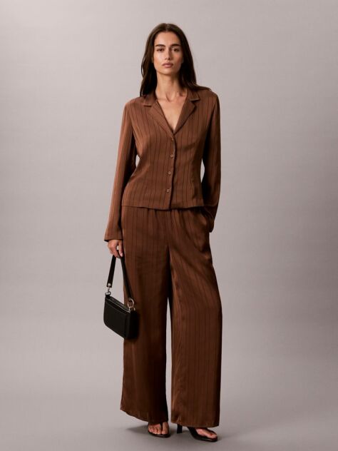 Brown Textured Stripe Wide Leg Pull-On Trousers  Women
