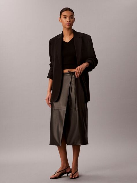 Black Faux Leather Midi Wrap Skirt  Women