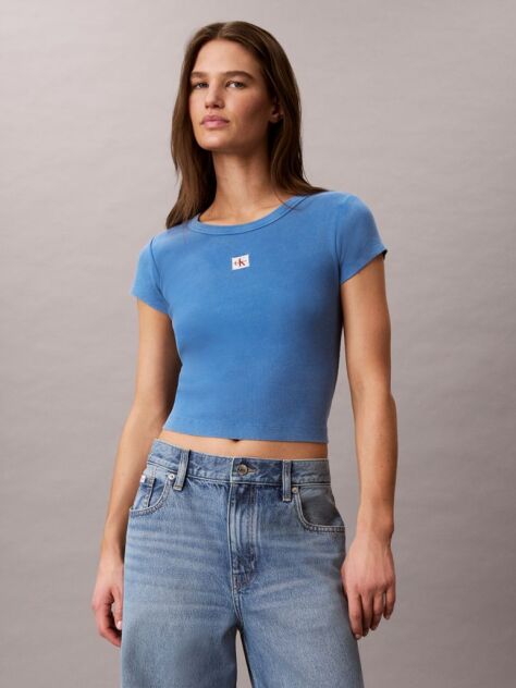 Μπλε Στενό Ριμπ T-shirt Από Βαμβάκι Με Επεξεργασία Washed  Γυναίκα