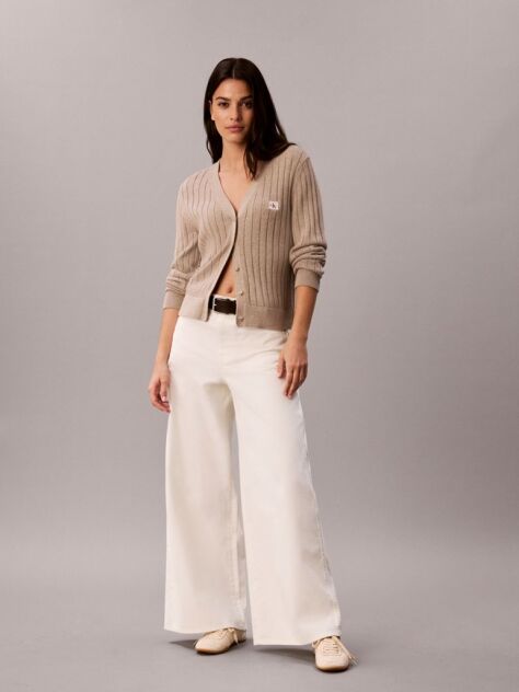 White Cotton Twill Wide Leg Trousers  Women