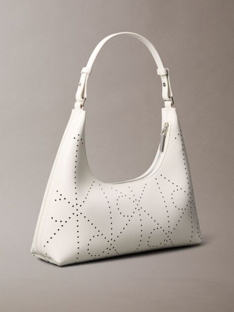 White Perforated Emblem Logo Shoulder Bag  Women