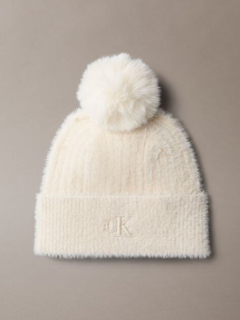 White Monogram Embroidery Fluffy Pom Pom Beanie  Women