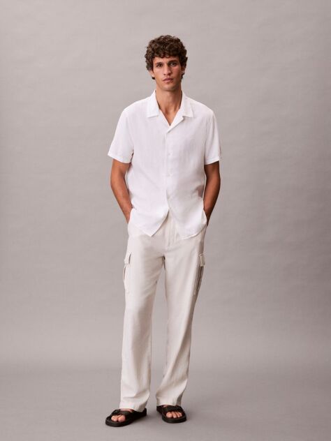 White Linen Blend Short Sleeve Shirt  Men