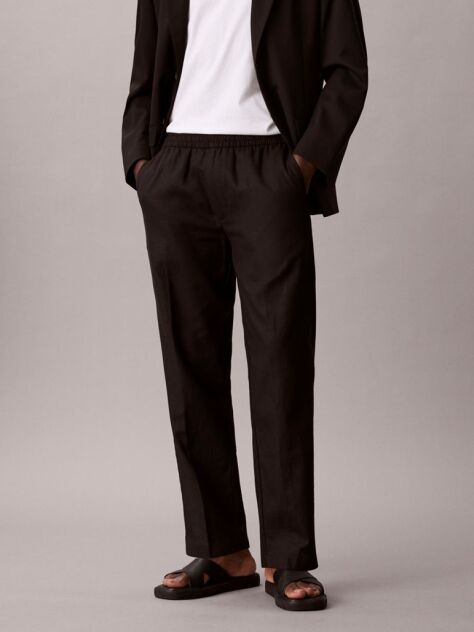 Black Linen Cotton Drawstring Trousers  Men