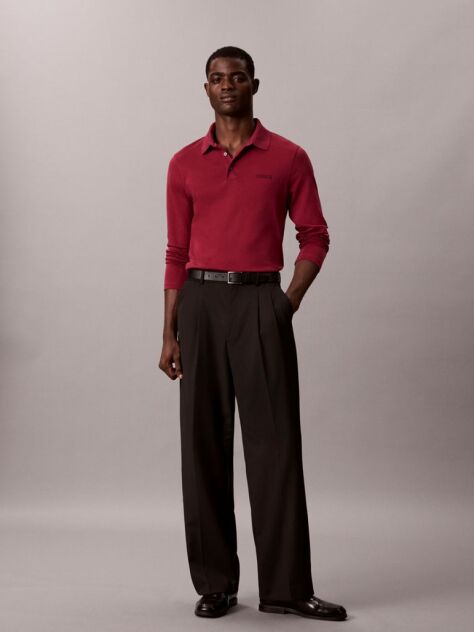 Red Slim Cotton Long Sleeve Polo Shirt  Men