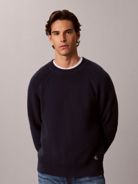 Blue Wool Blend Ribbed Jumper  Men