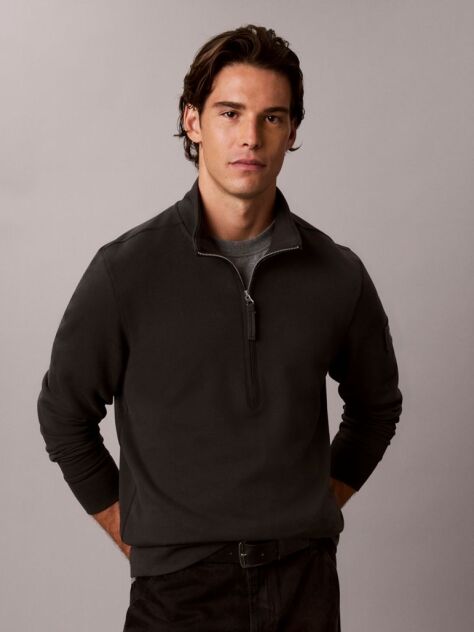 Black Cotton Terry Quarter Zip Sweatshirt  Men