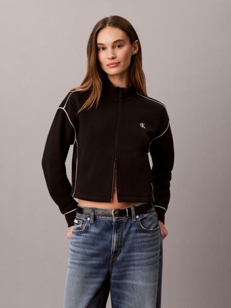 Black Monogram Contrast Piping Balloon Sleeve Sweatshirt  Women