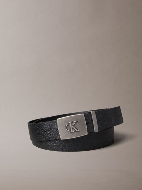 Black Leather Monogram Plaque Buckle Belt  Men
