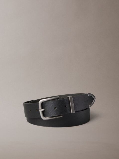 Black Pebble Grain Leather Metal Tip Belt  Men
