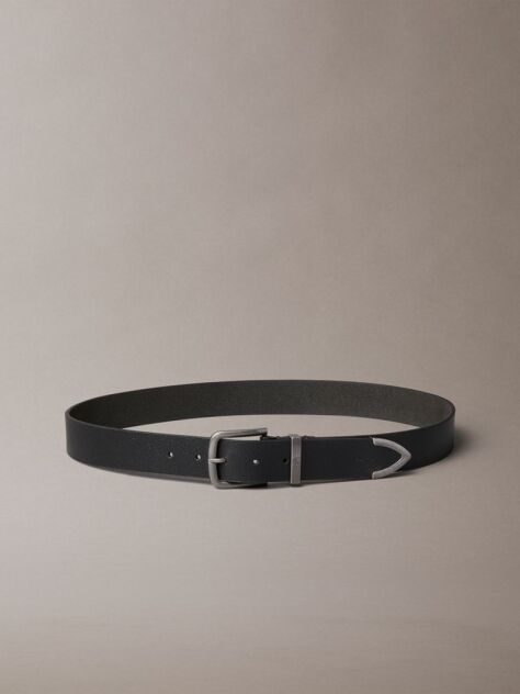 Black Pebble Grain Leather Metal Tip Belt  Men