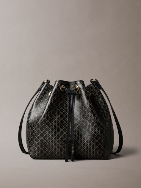 Black Coated Emblem Print Drawstring Bucket Bag  Women