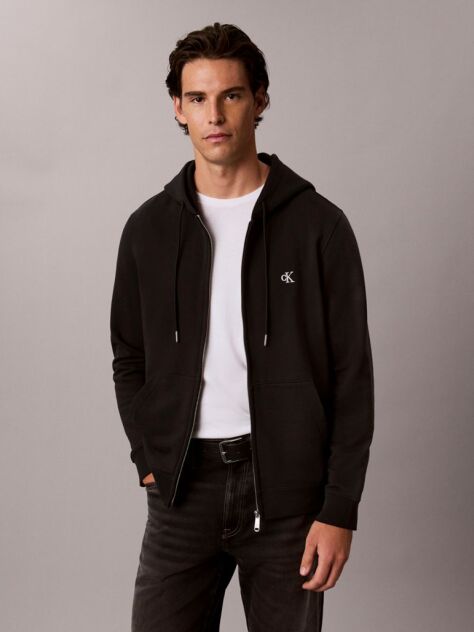 Μαύρο Hoodie Με Φερμουάρ Με Σουέτ Υφή Και Τονικό Μονογράμμα  Άνδρας