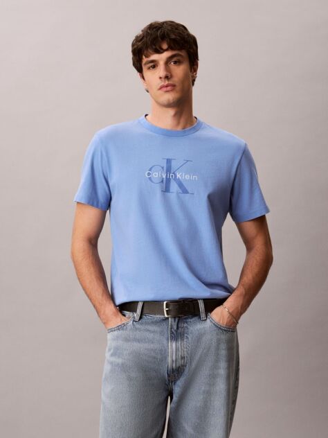 Μπλε T-Shirt Από Πλυμένο Βαμβάκι Με Monogram Σχέδιο  Άνδρας