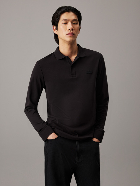 Black Slim Long Sleeve Polo Shirt  Men