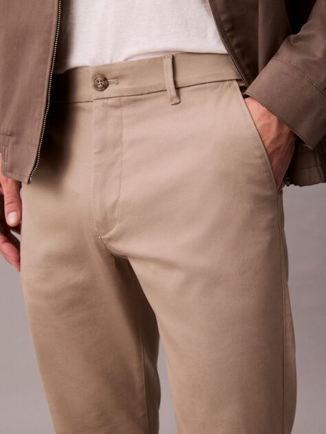 Khaki Slim Stretch Cotton Chino Trousers  Men