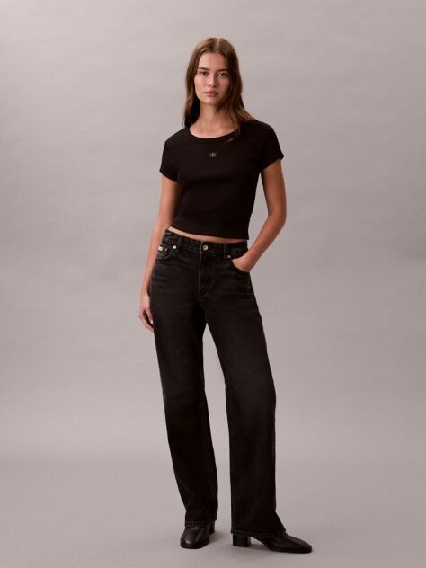 Black Slim Ribbed Cotton Badge T-shirt  Women