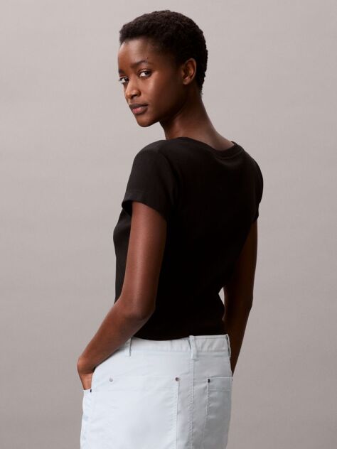 Black Ribbed Cotton V-Neck T-shirt  Women