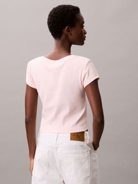 Pink Ribbed Cotton V-Neck T-shirt  Women
