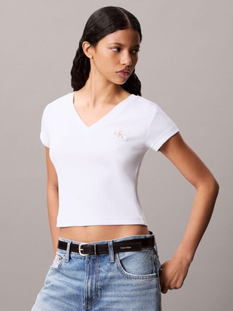 White Ribbed Cotton V-Neck T-shirt  Women