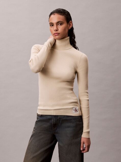 Beige Woven Label Roll Neck  Women