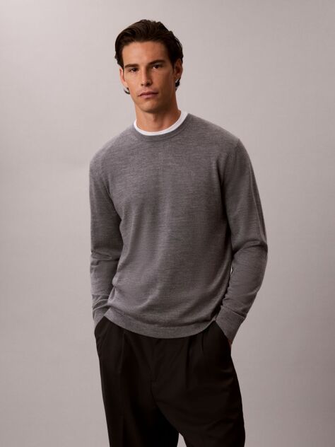 Grey Merino Wool Classic Sweater  Men