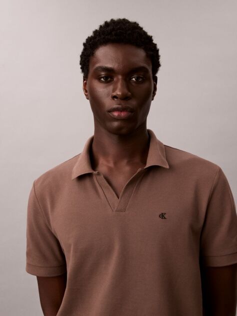 Brown Cotton Piqué Open Collar Polo Shirt  Men