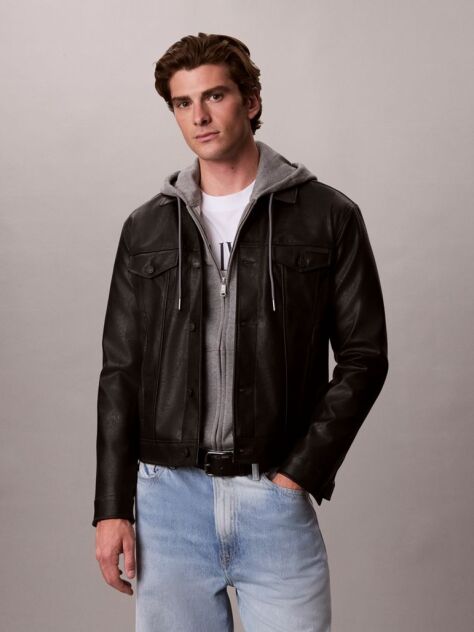 Black Faux leather Trucker Jacket  Men