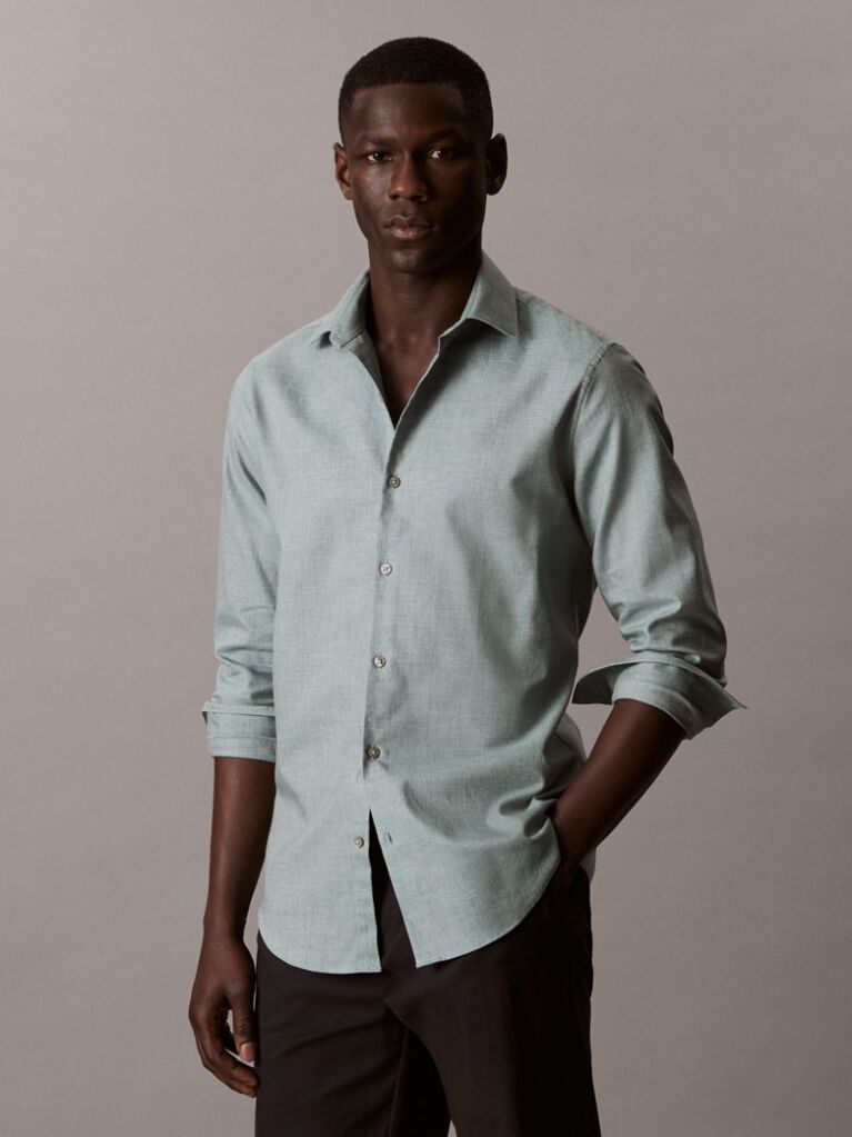 Green Slim Comfort Cotton Melange Shirt  Men