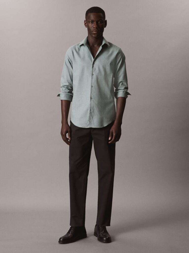 Green Slim Comfort Cotton Melange Shirt  Men