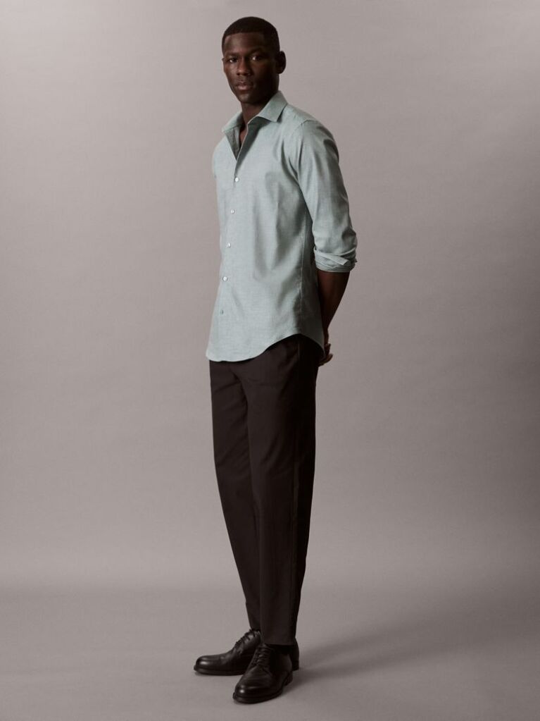 Green Slim Comfort Cotton Melange Shirt  Men
