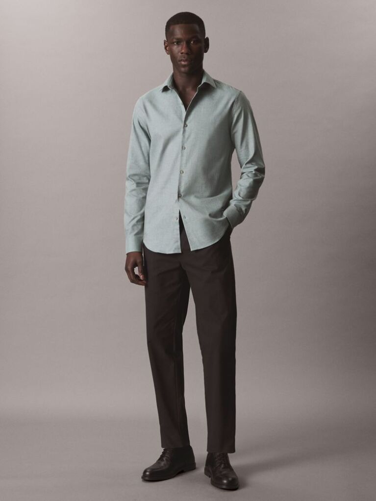 Green Slim Comfort Cotton Melange Shirt  Men