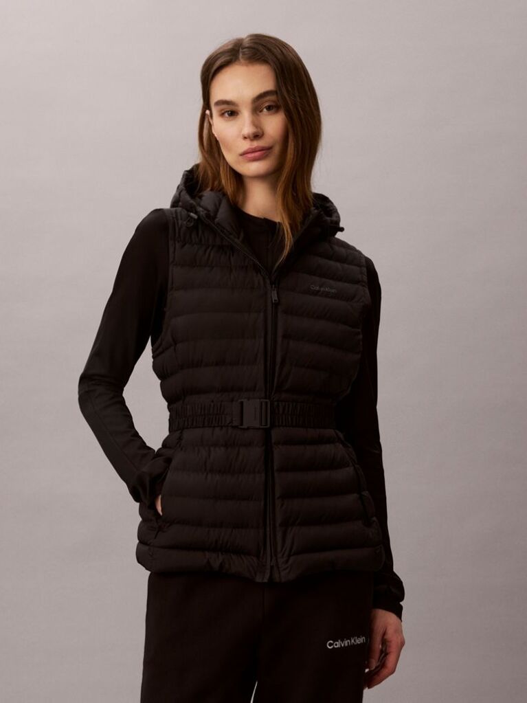 Black Ultra-Lightweight Belted Puffer Vest  Women