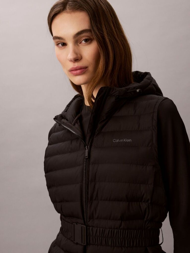 Black Ultra-Lightweight Belted Puffer Vest  Women