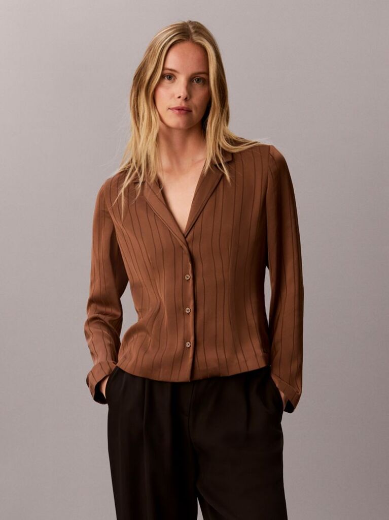 Brown Slim Fit Textured Stripe Blouse  Women