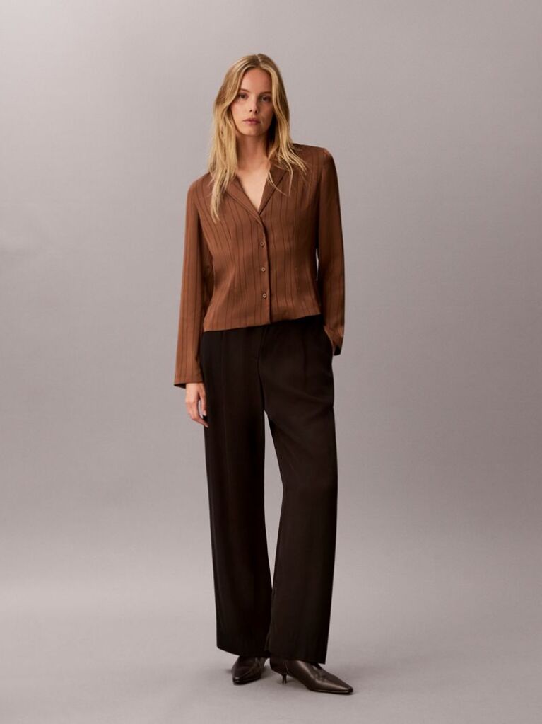 Brown Slim Fit Textured Stripe Blouse  Women
