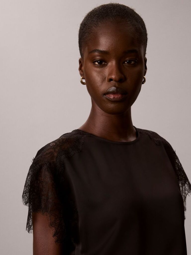 Black Matte Satin Lace Short Sleeve Top  Women