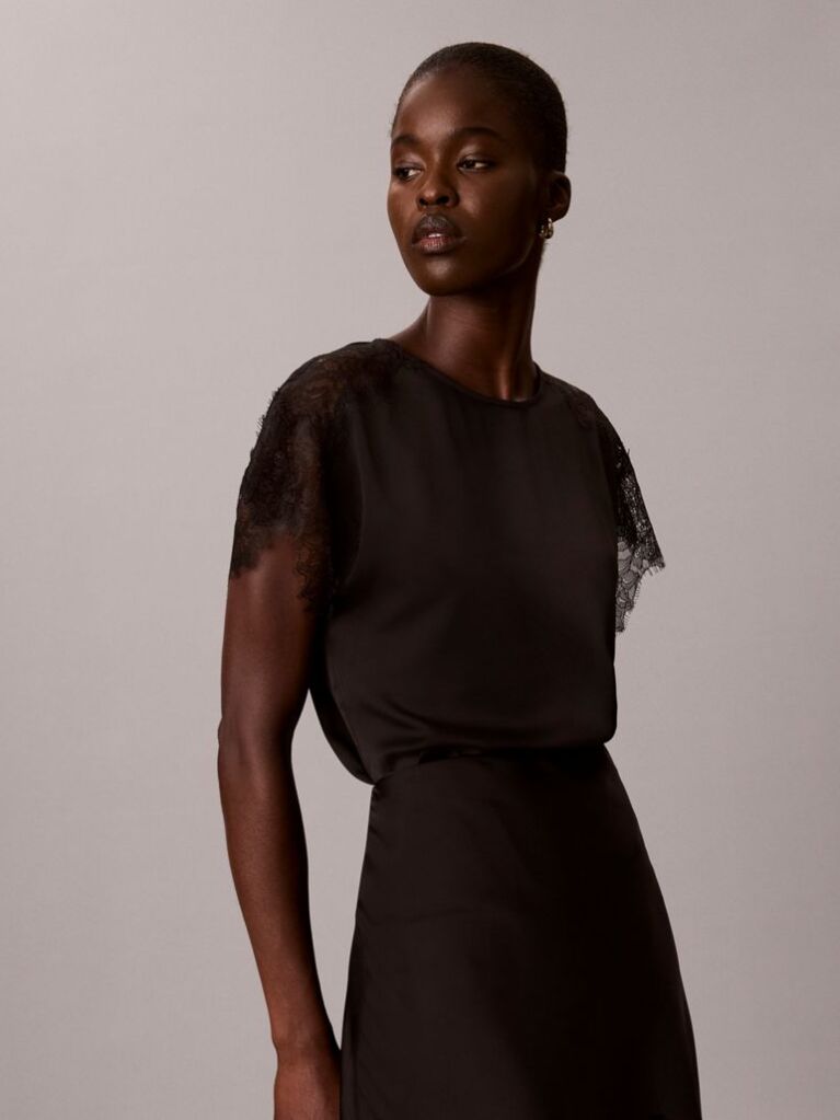 Black Matte Satin Lace Short Sleeve Top  Women